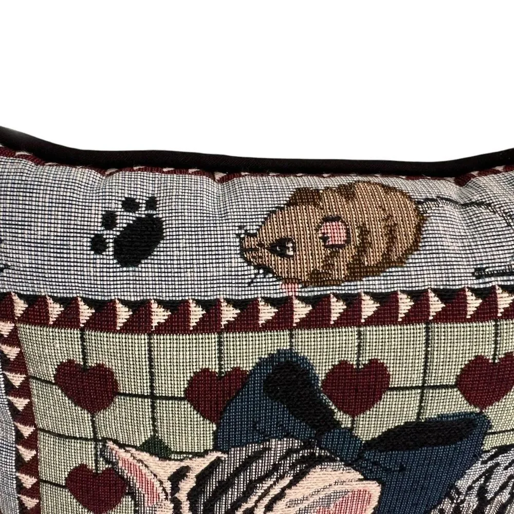Kitty Cat & Mouse Yarn Tapestry Square Pillow 12 Inches Blue Cat Lover